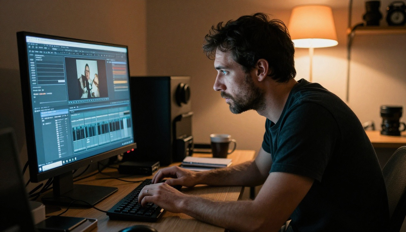 Photographer working in editing suite with natural mixed lighting