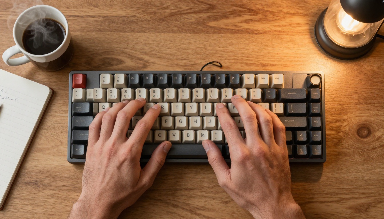 Hands writing notes on a desk with warm practical lamp lighting from above