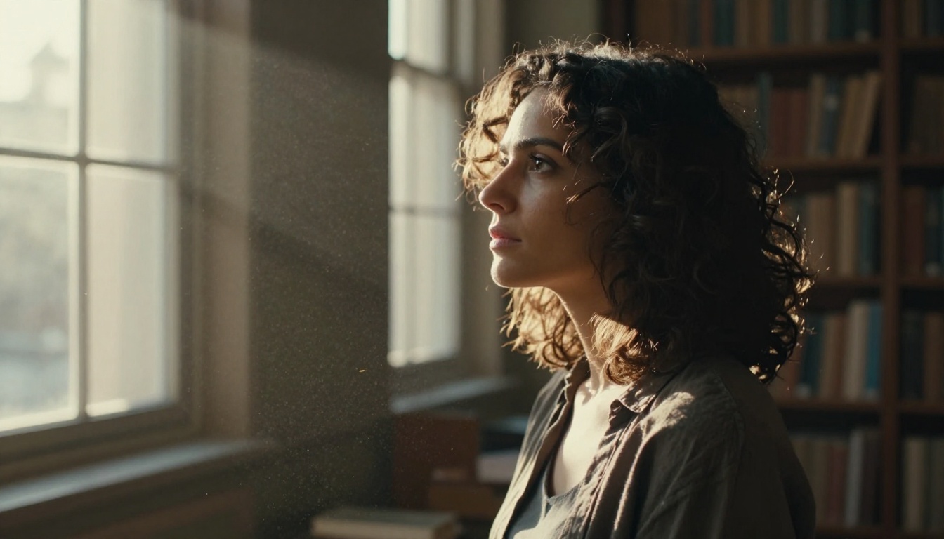 Woman with dark curly hair in library natural light, atmospheric dust motes visible