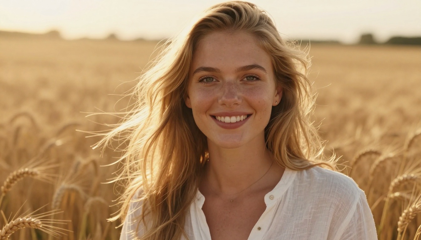 Photorealistic portrait of a woman in a golden wheat field with natural lighting and sharp detail
