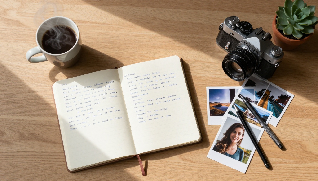 A creative workspace flat-lay showing prompt notes, camera equipment, and photography references