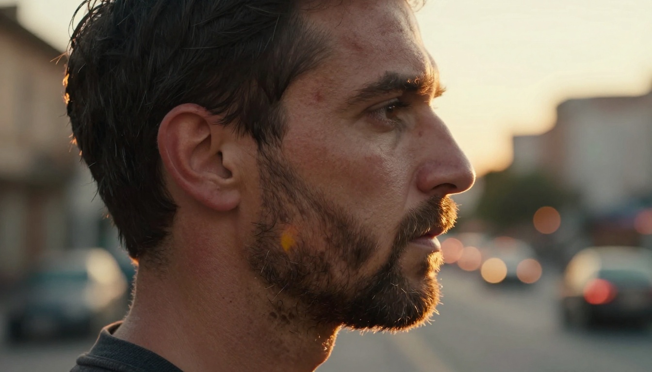 Man with short beard in golden hour light showing rim lighting and authentic skin detail