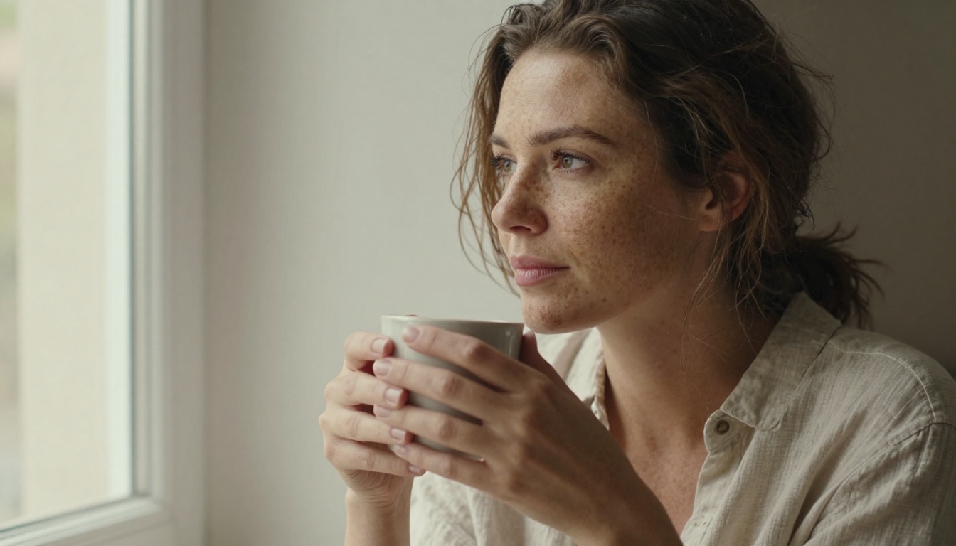 Woman with freckles and natural skin sitting by morning window with ceramic mug