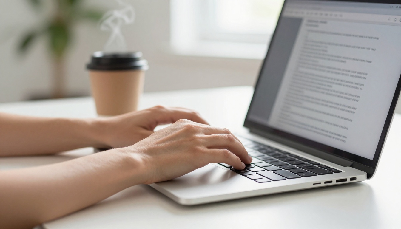 Close-up of a woman's hands typing on a laptop keyboard in a bright minimalist workspace, natural daylight from a nearby window casting soft shadows, shallow depth of field with blurred background of indoor plants