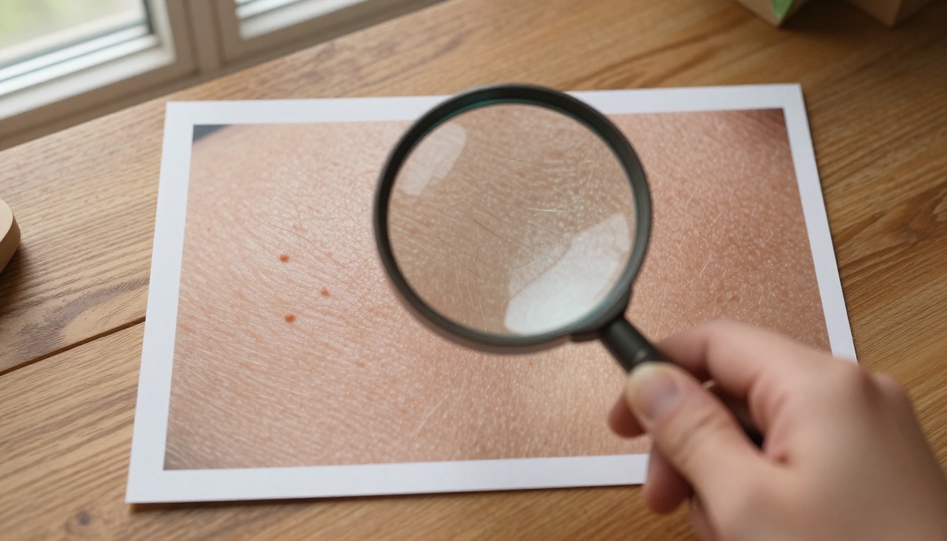Magnifying glass over a photograph revealing skin texture and authentic pore detail