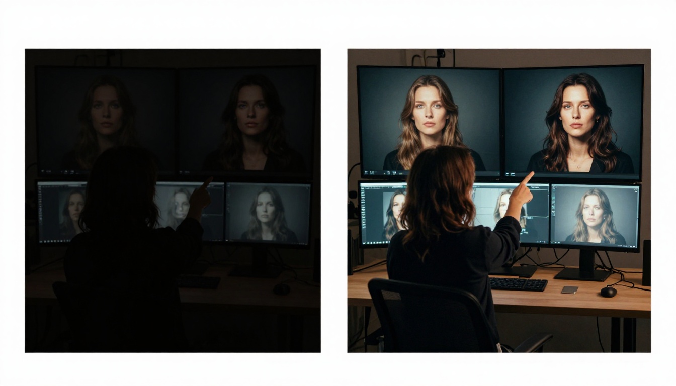 Two AI-generated portrait images displayed on dual monitors side by side in a dark photography studio, dramatically illustrating how prompt changes affect image quality