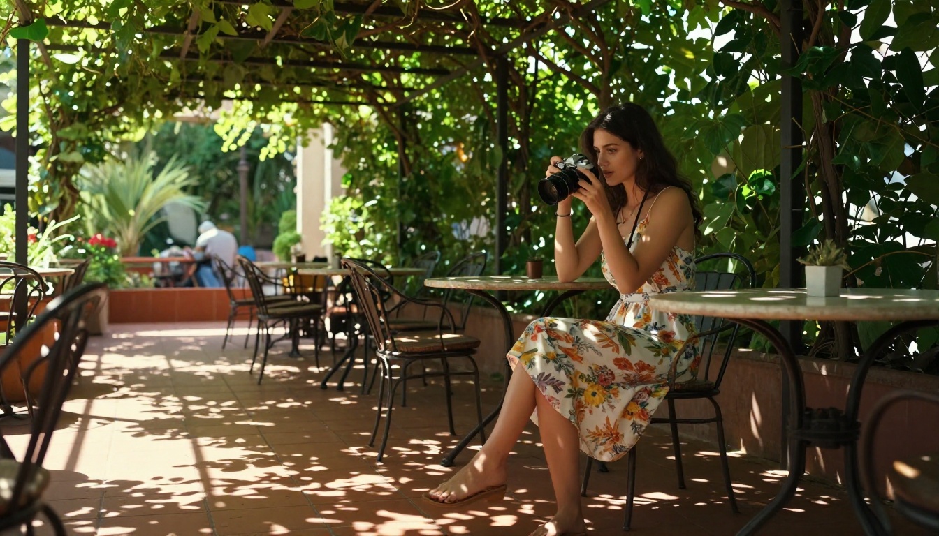 Low-angle shot of a sunlit outdoor café terrace, a young woman in a floral sundress at a wrought-iron bistro table, dappled light filtering through a vine-covered pergola, warm afternoon sun creating long shadows across terracotta tiles