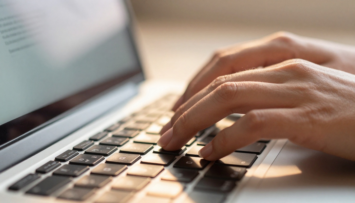 Woman typing detailed prompts at a laptop keyboard with warm afternoon light
