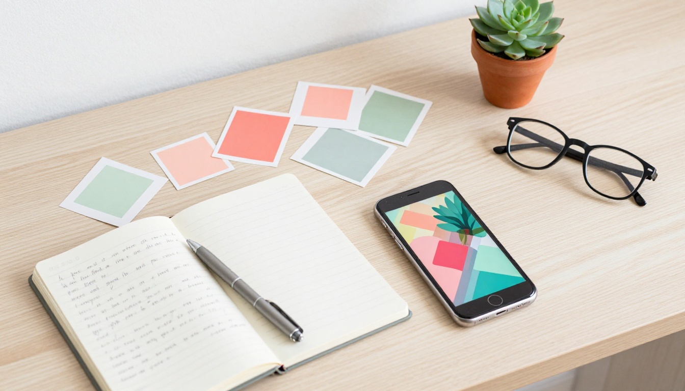 Aerial overhead view of a creative workspace flat lay on a light oak desk, scattered color swatches, pen, notebook, and smartphone with a colorful AI-generated image on screen