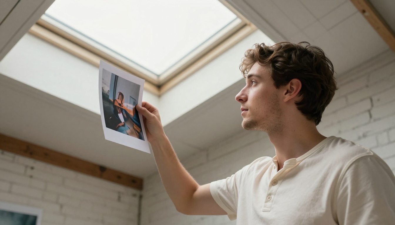 Person examining AI-generated photo prints held up toward a skylight in an airy studio loft