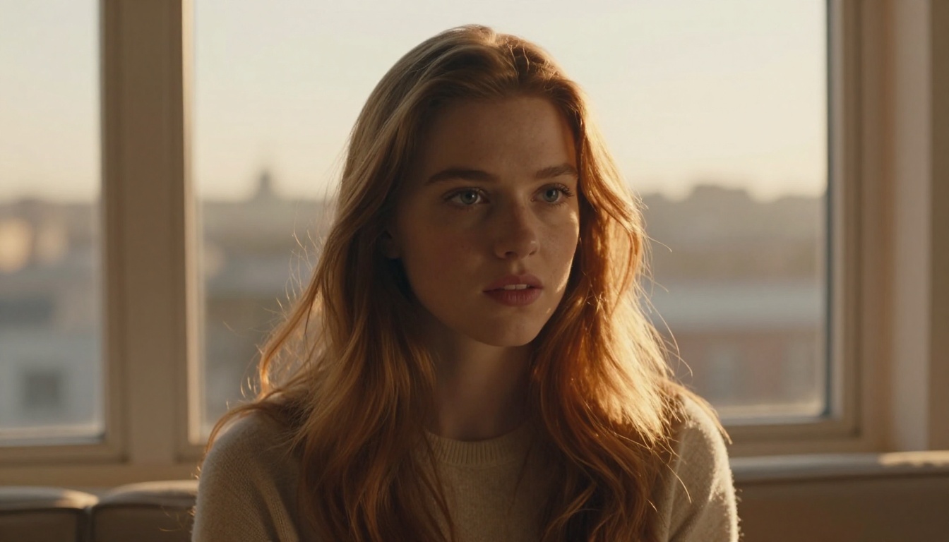 Medium close-up of a young woman with long auburn hair sitting near a large window at golden hour, soft volumetric backlight creating a warm halo effect
