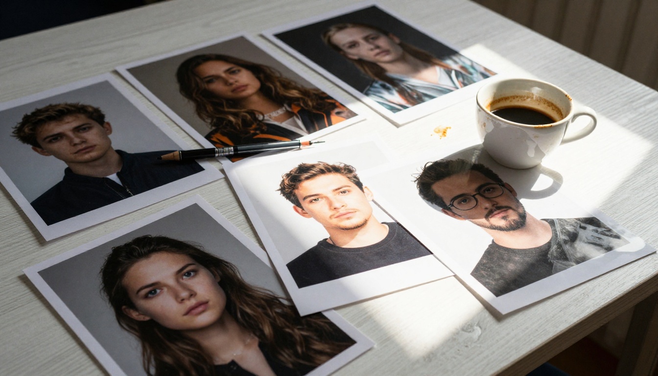 Aerial flat lay of multiple AI-generated image prints scattered across a white oak desk with directional sunlight