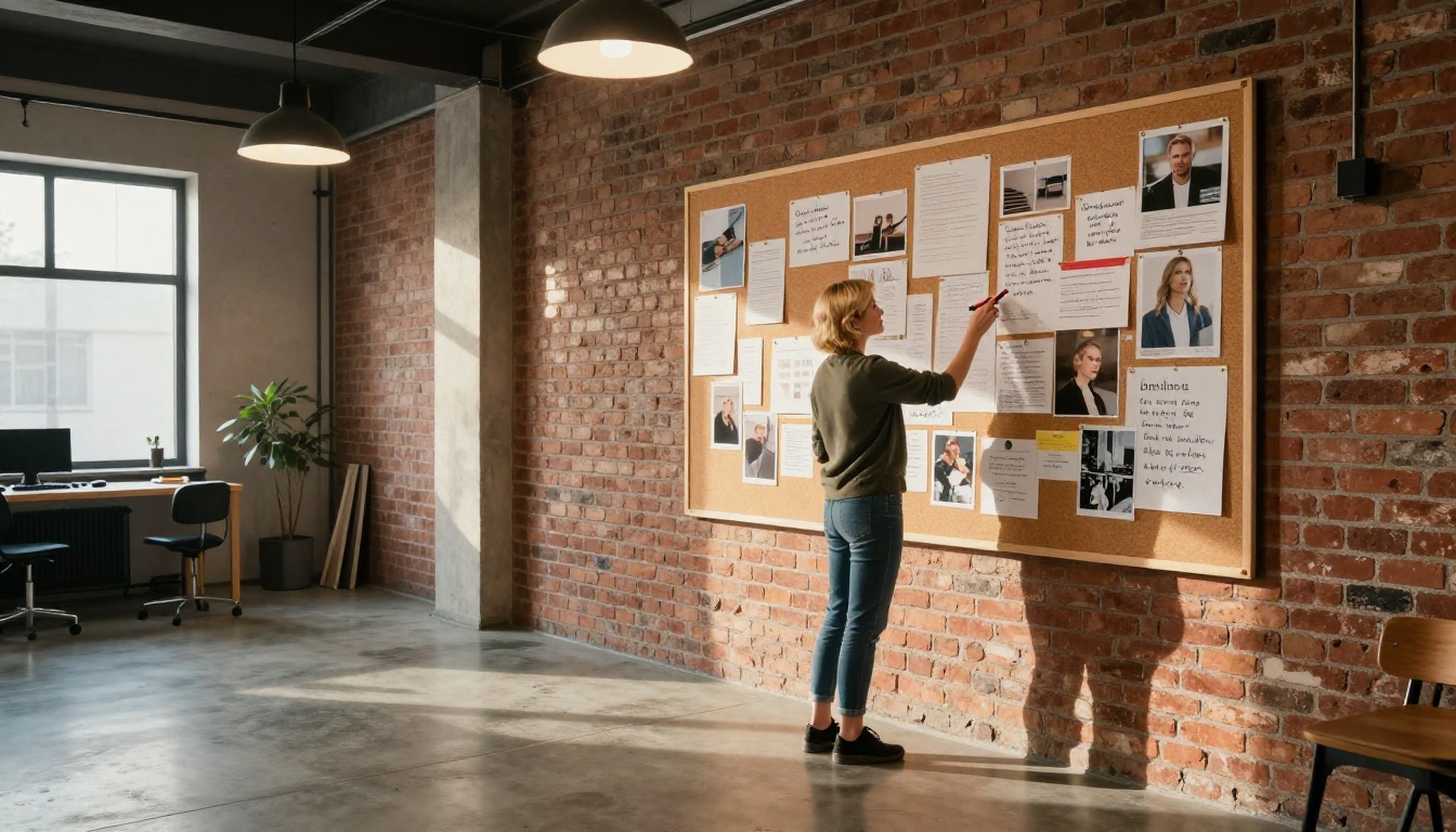 Wide shot of a modern creative studio interior, a woman standing in front of a large mood board, industrial pendant lights casting warm pools of light over exposed brick