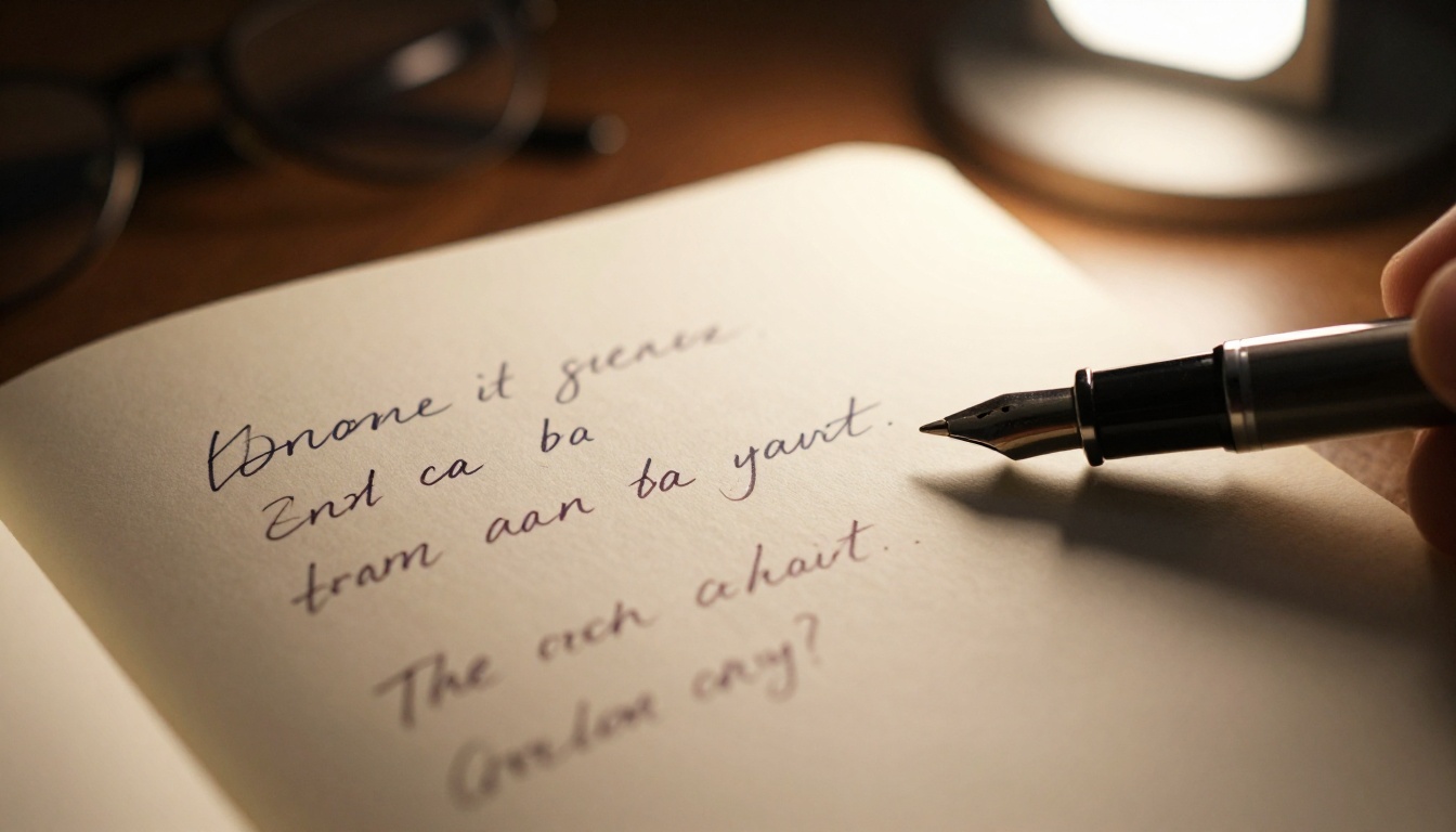 Close-up macro shot of an open notebook page with handwritten prompt phrases in neat cursive ink, a fine-tip pen resting alongside, warm desk lamp light from upper right creating soft directional shadows