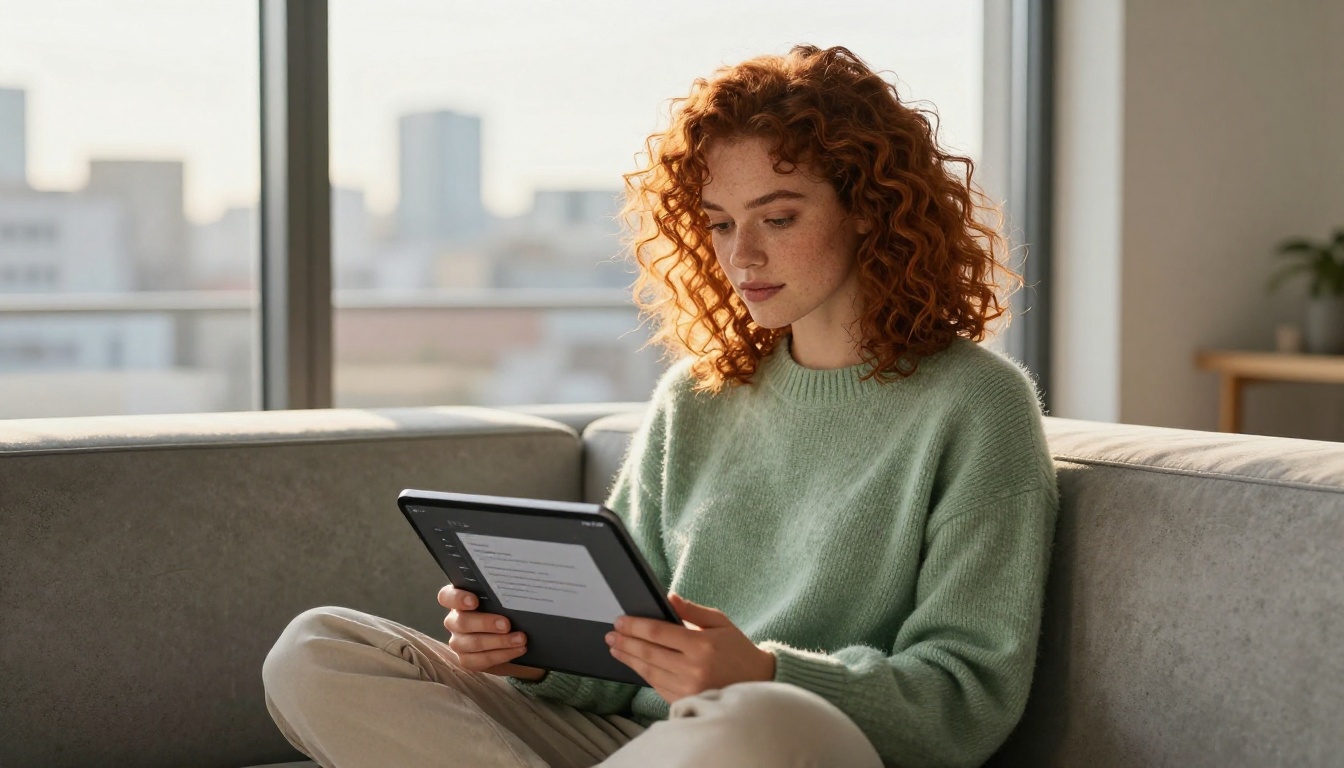 Woman with curly auburn hair reviewing an AI generation interface on a tablet with golden hour rim lighting