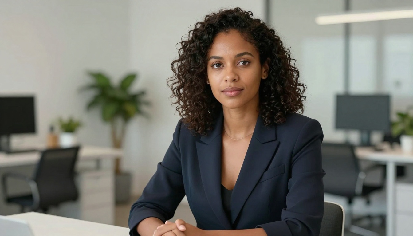 Portrait of a confident woman in her 30s with dark curly hair, wearing a tailored blazer, sitting in a bright modern office with soft studio light from the left