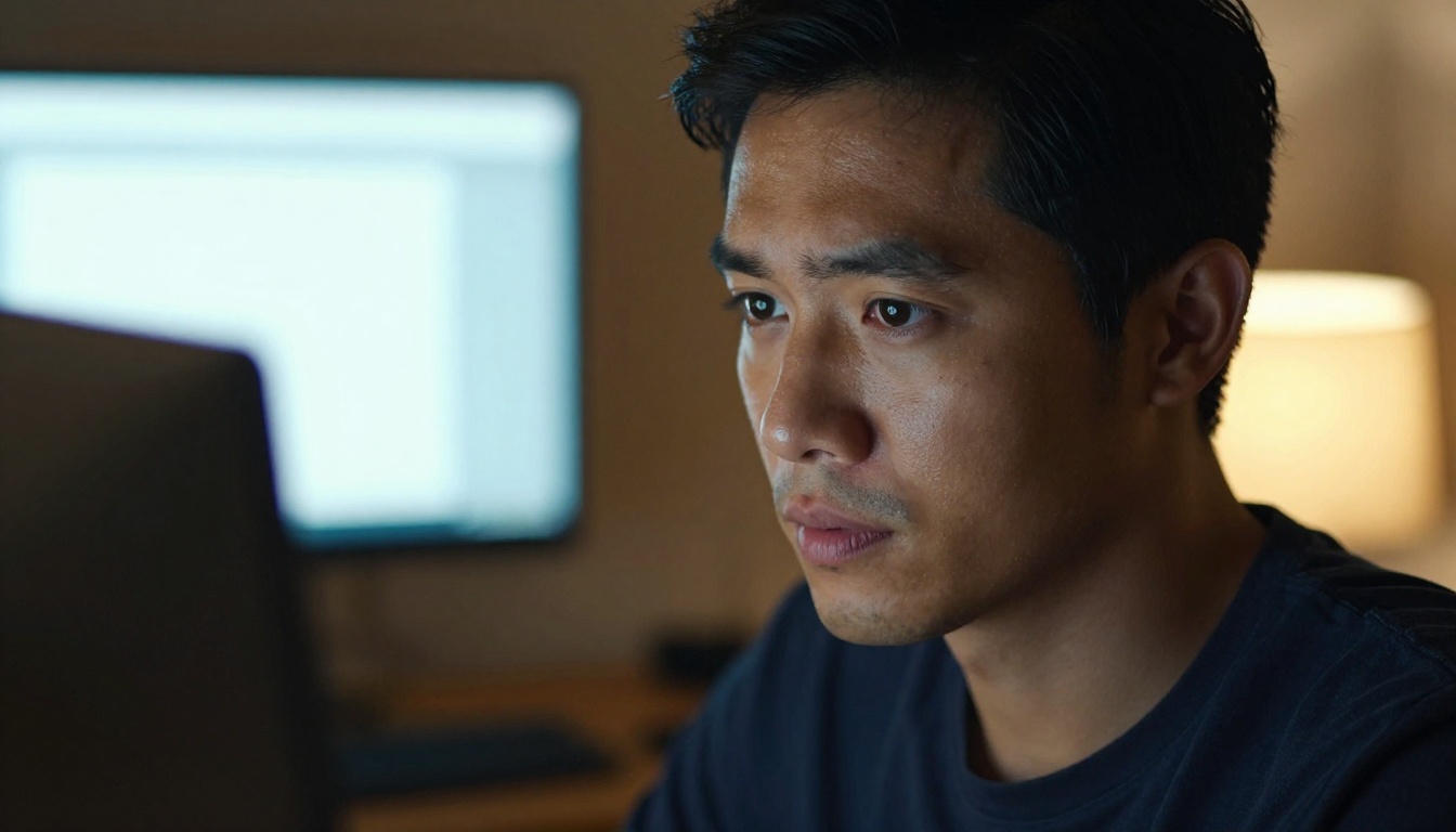 Man with dark skin and sharp jawline in dramatic Rembrandt split lighting, focused intensely on a monitor off-frame