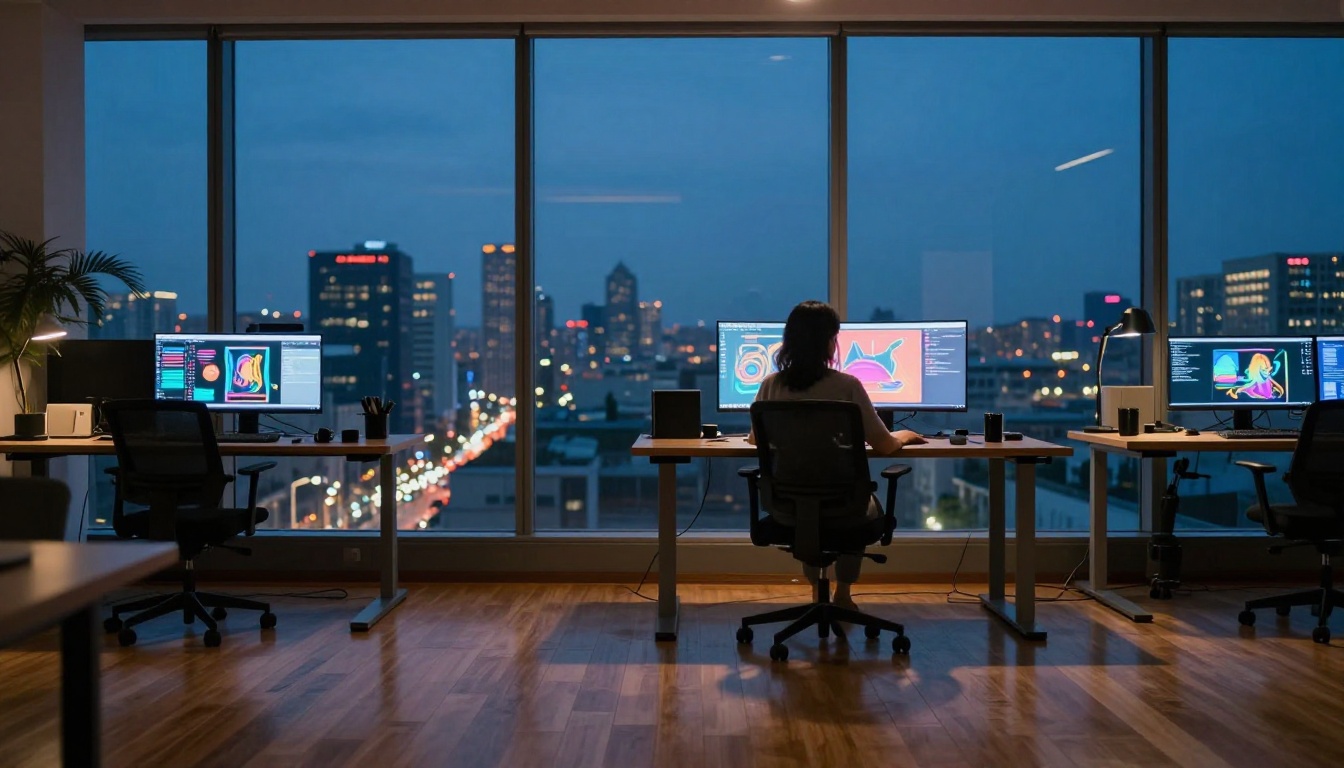 Wide establishing shot of a creative tech workspace at dusk, a woman silhouetted against floor-to-ceiling windows, warm interior lighting contrasting with cool blue twilight city lights outside