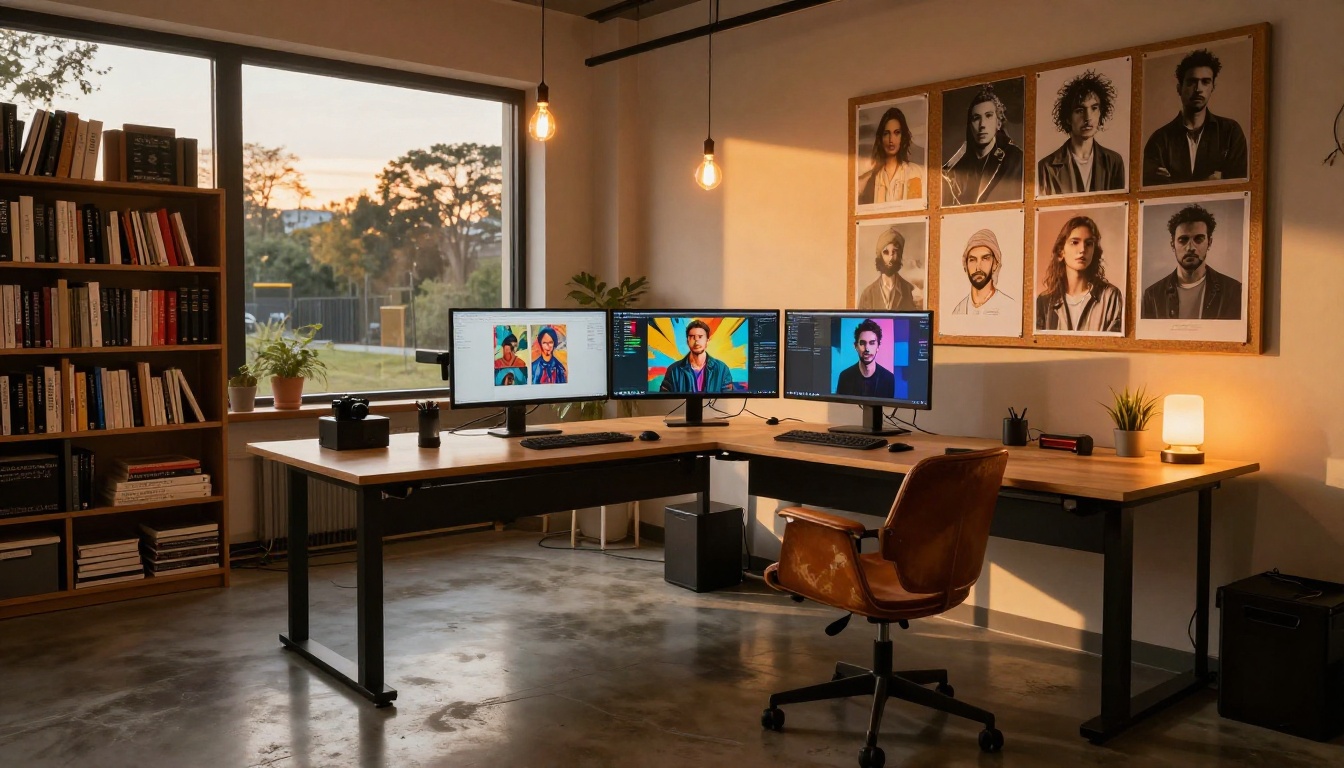 Wide-angle modern creative studio workspace at dusk with two ultrawide monitors displaying photorealistic AI portraits