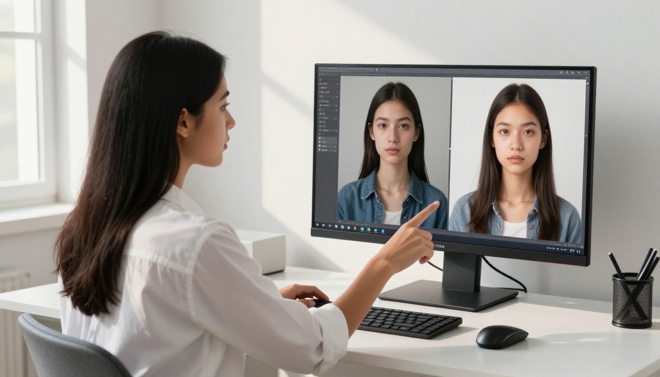 Over-the-shoulder shot of woman with long black hair comparing two AI portrait quality levels side by side on a monitor