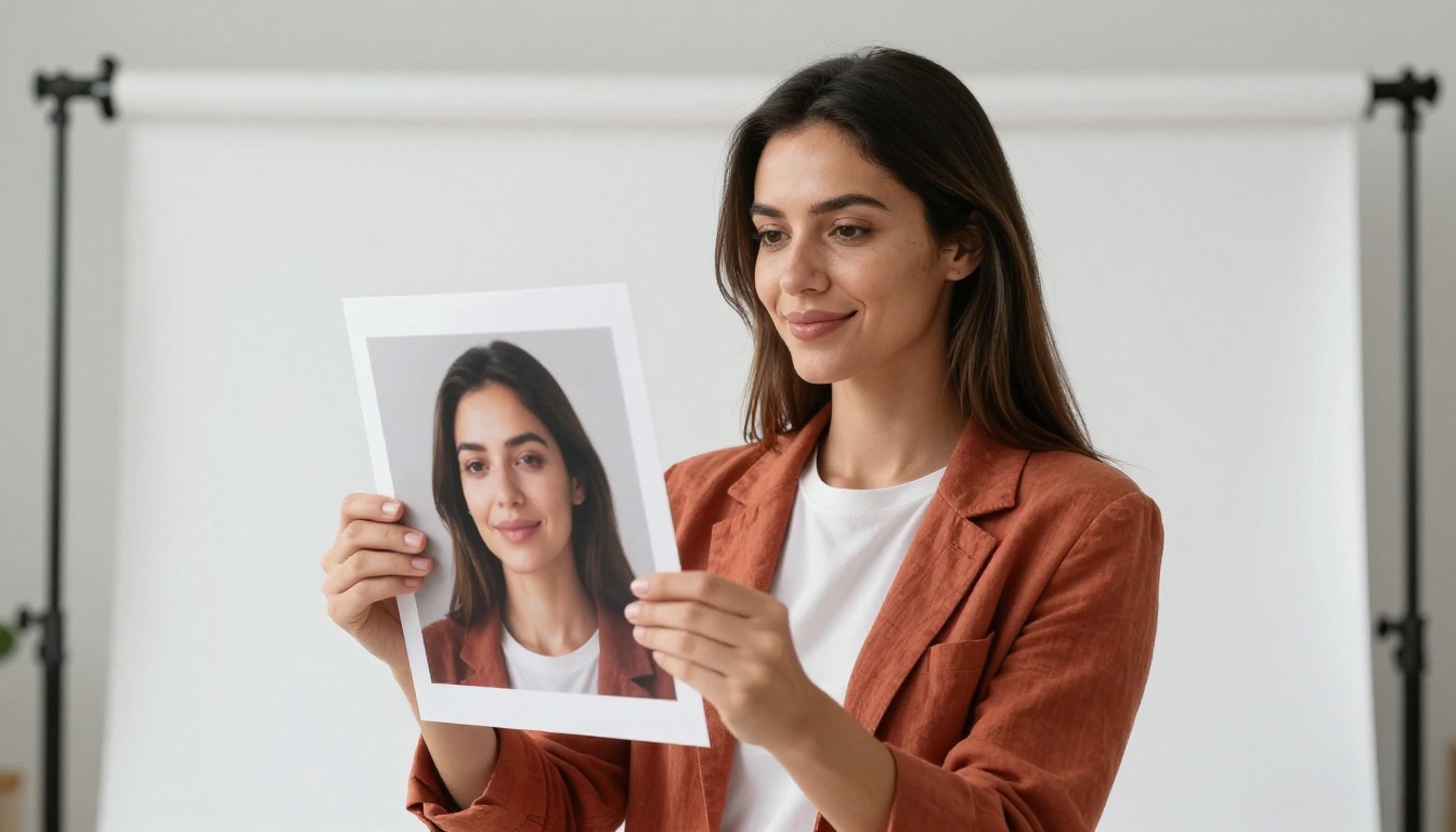 Woman in terracotta linen blazer smiling while reviewing a crisp printed portrait in a bright minimal photography studio