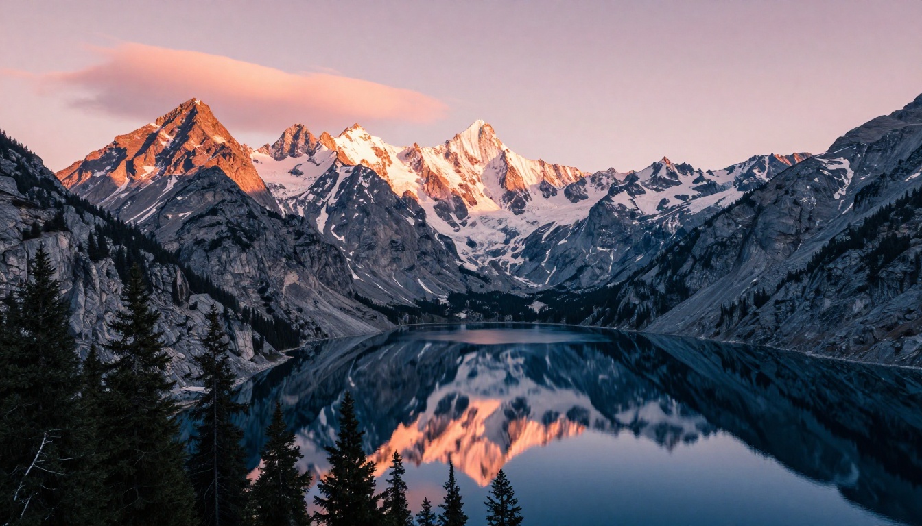 A dramatic mountain landscape at dawn showing golden alpenglow and precise lighting detail