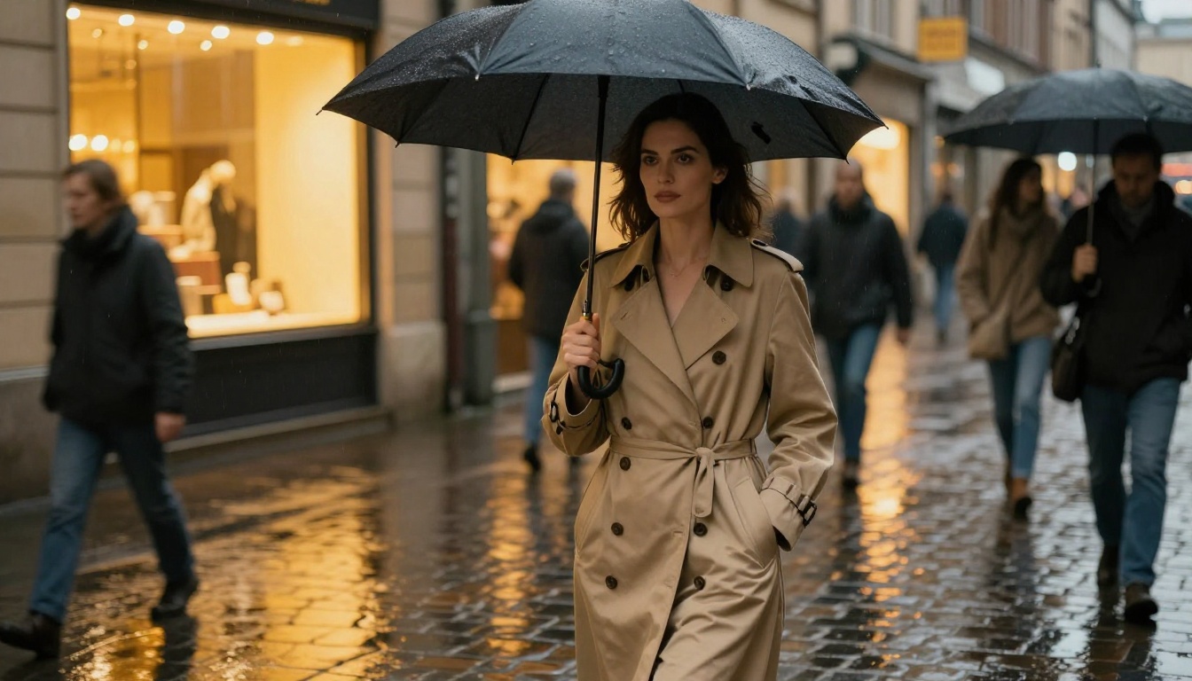 A confident woman walking through a rain-wet European street at dusk with sharp focus and natural bokeh
