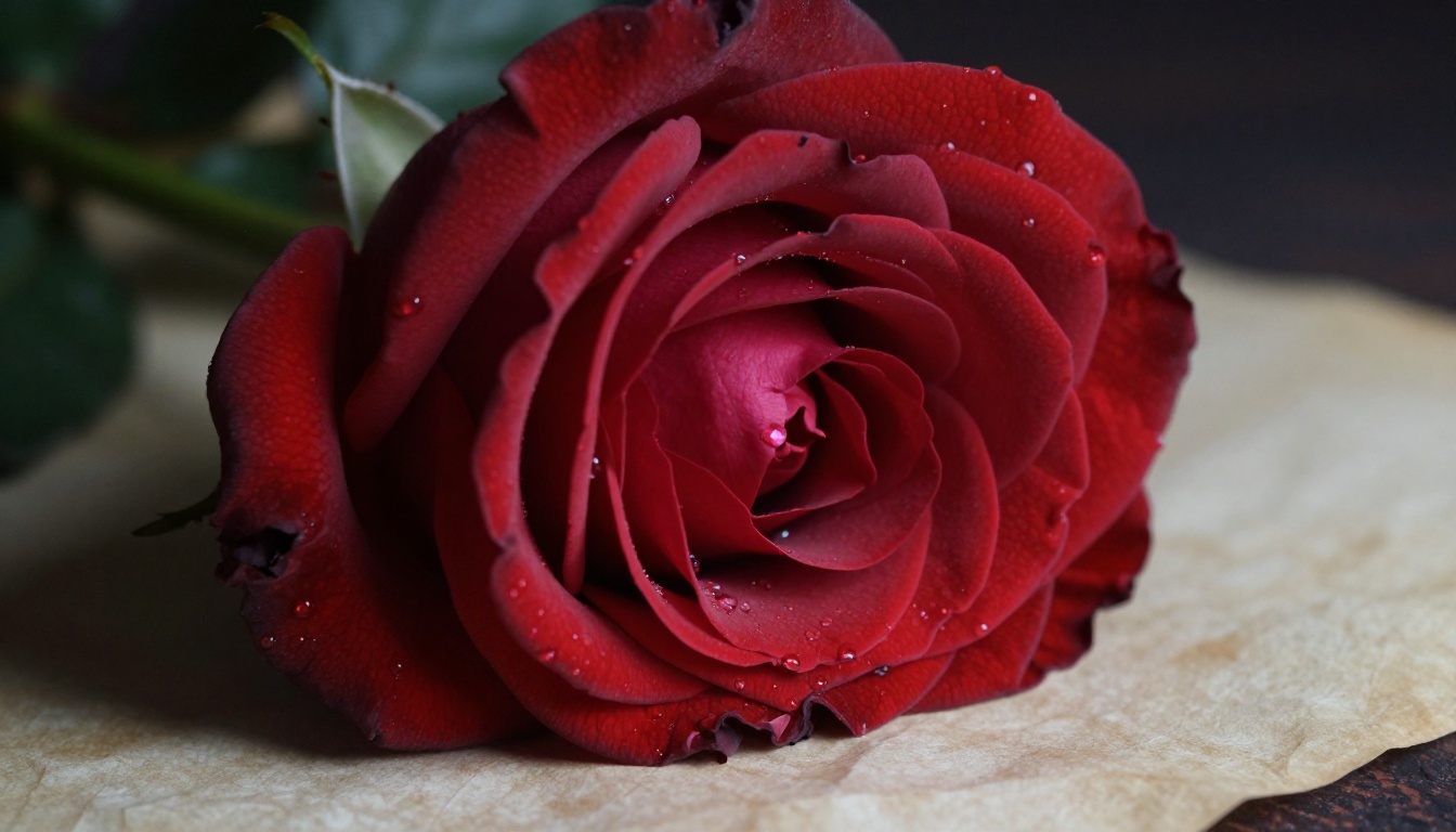 An extreme close-up of a red rose showing macro-level petal texture and water droplets