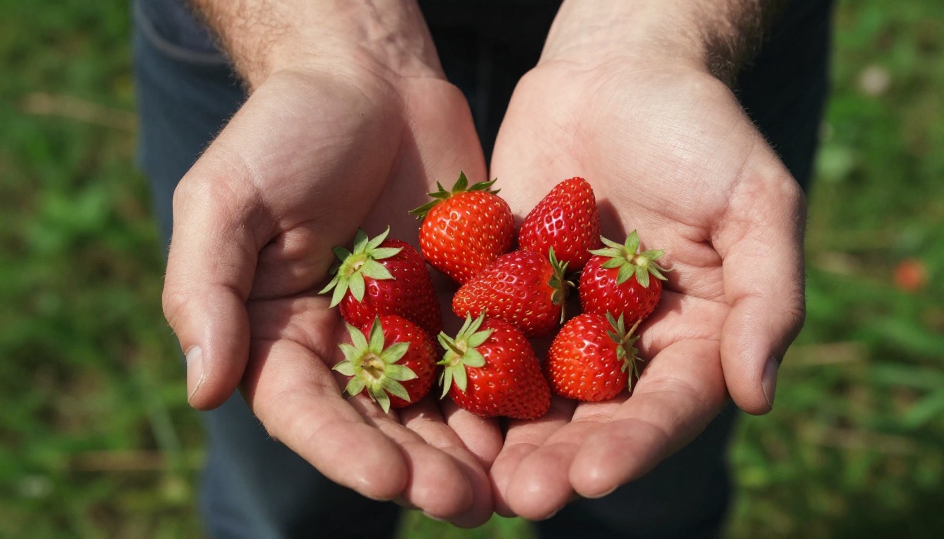 Two hands cupped together holding wild strawberries with hyper-realistic skin and organic surface detail