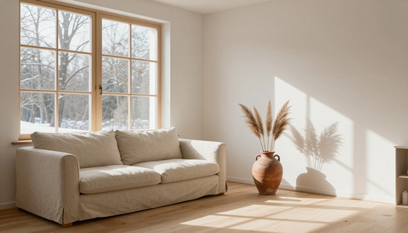 A minimal Scandinavian interior with soft natural afternoon light and precise architectural detail