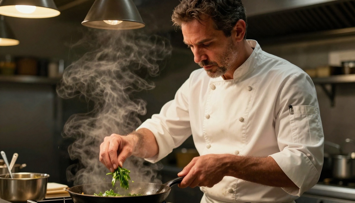 A male chef in a professional kitchen with dramatic overhead lighting and hyper-realistic skin and fabric detail