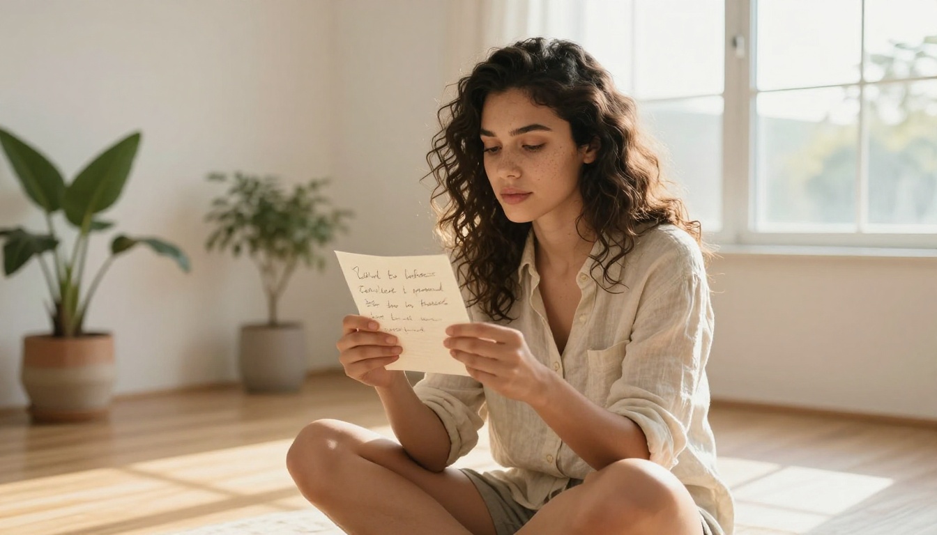 Woman holding a short handwritten note, looking relieved in a bright minimalist apartment