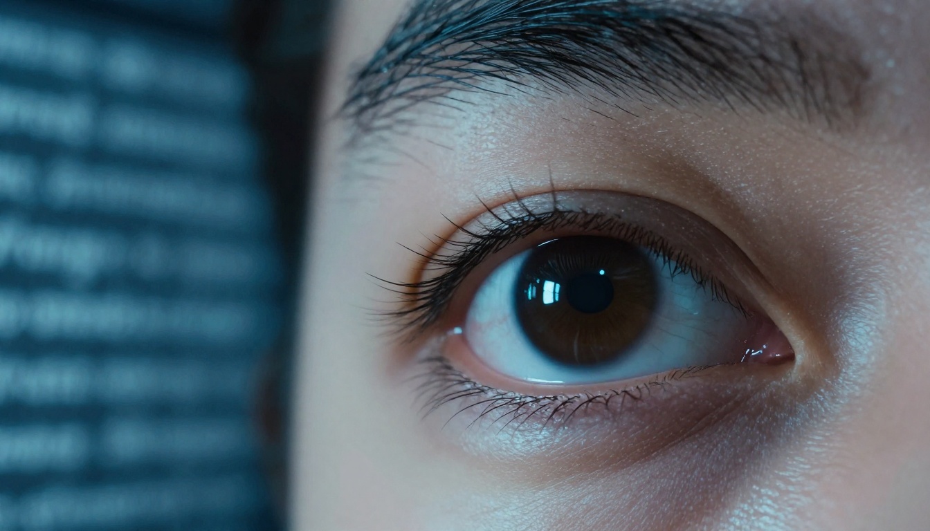 Extreme close-up of a human eye reflecting a blurry wall of densely packed text on a screen