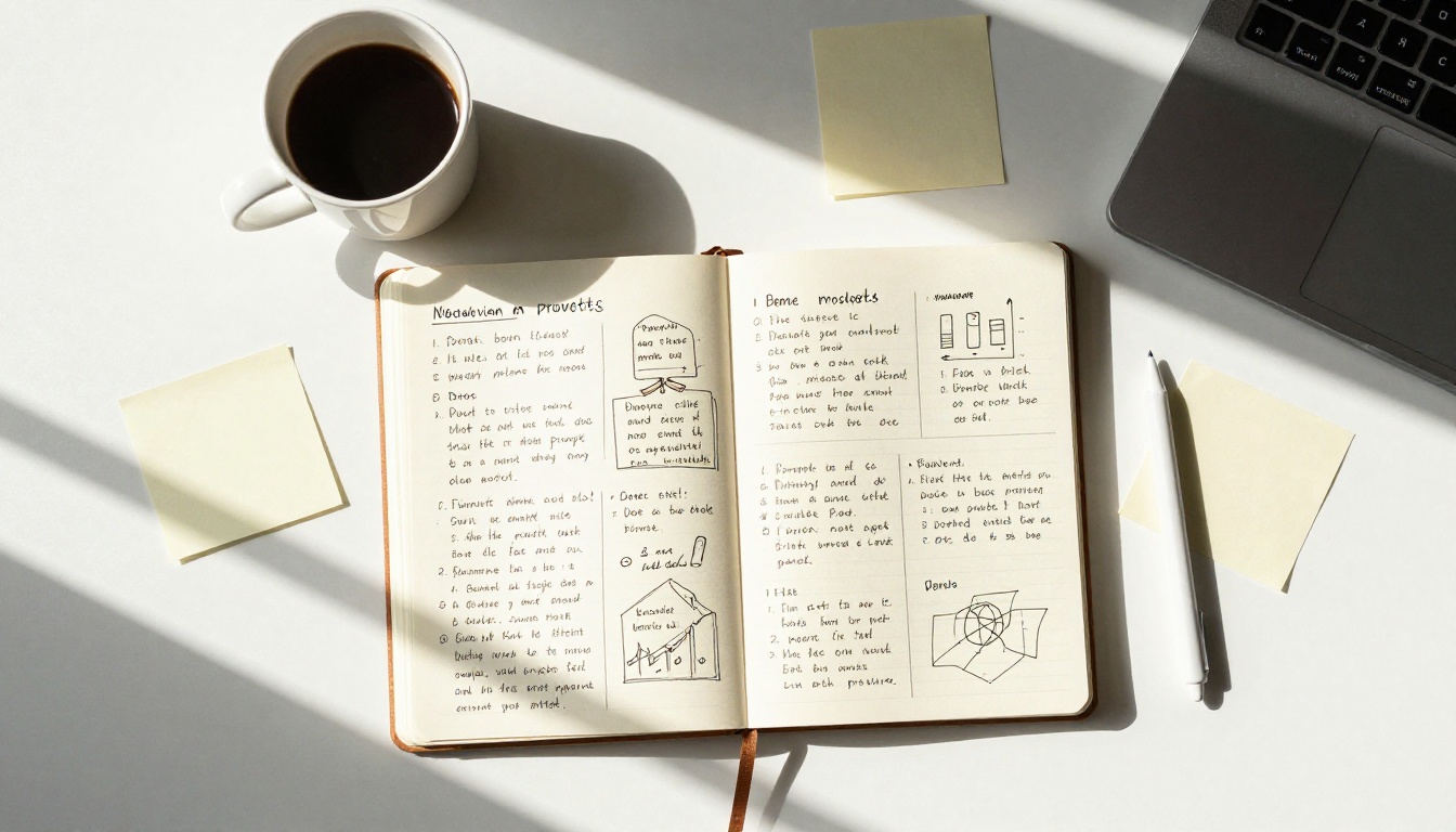 Overhead workspace with notebooks filled with video prompt notes and sketches