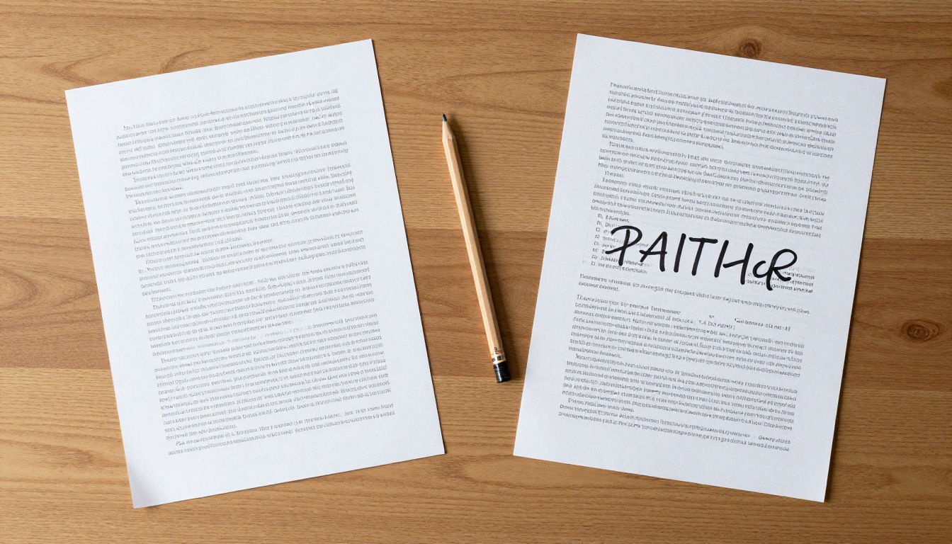 Overhead flat-lay of two sheets of paper: one dense with text, one with only three bold words