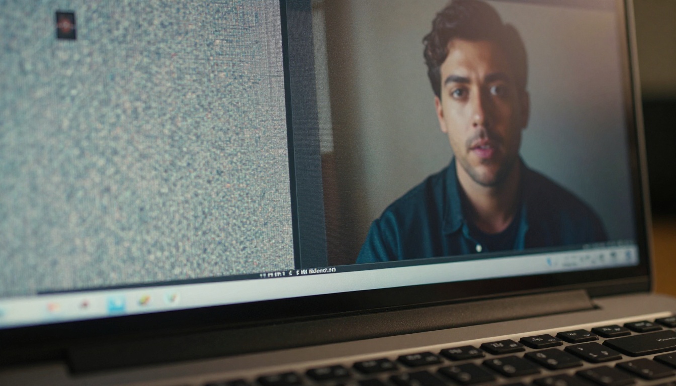 Monitor screen showing video quality comparison with one side pixelated and one sharp