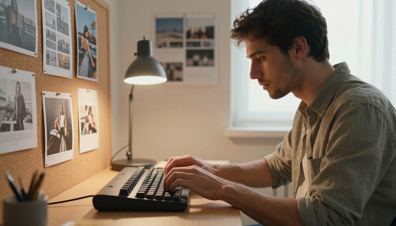 Man focused on mechanical keyboard surrounded by reference photos on corkboard
