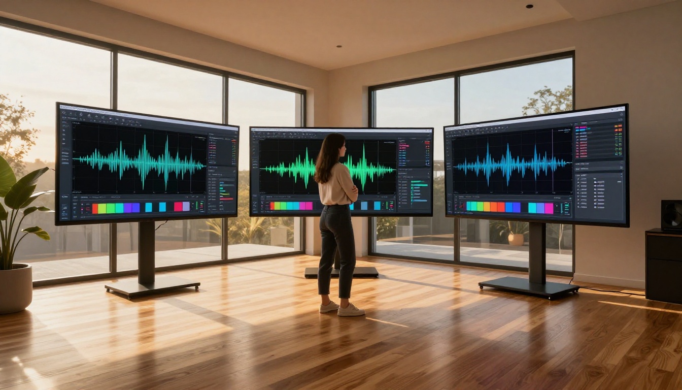 Wide-angle home studio with AI video software displayed on dual ultra-wide monitors Wide-angle home studio with AI video software displayed on dual ultra-wide monitors