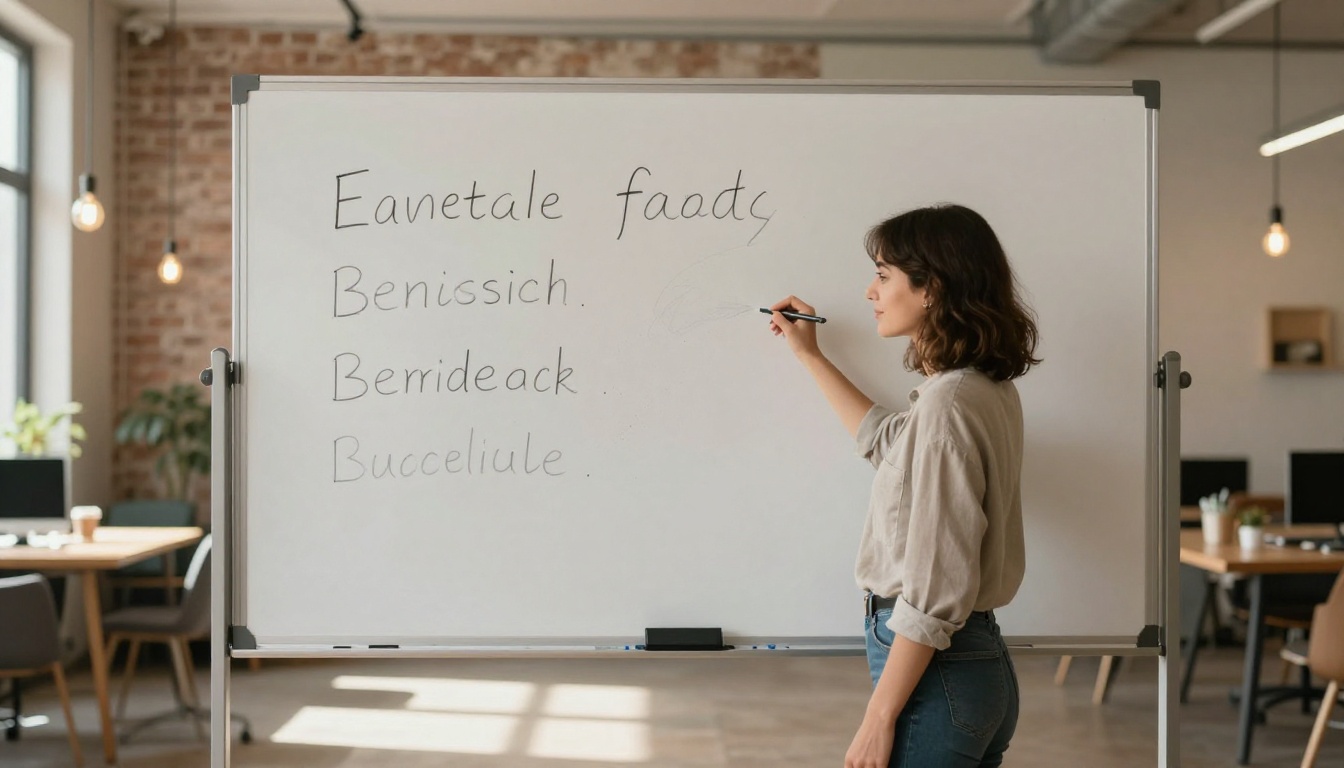 Woman standing at a tall whiteboard with only five clean words written on it, satisfied expression