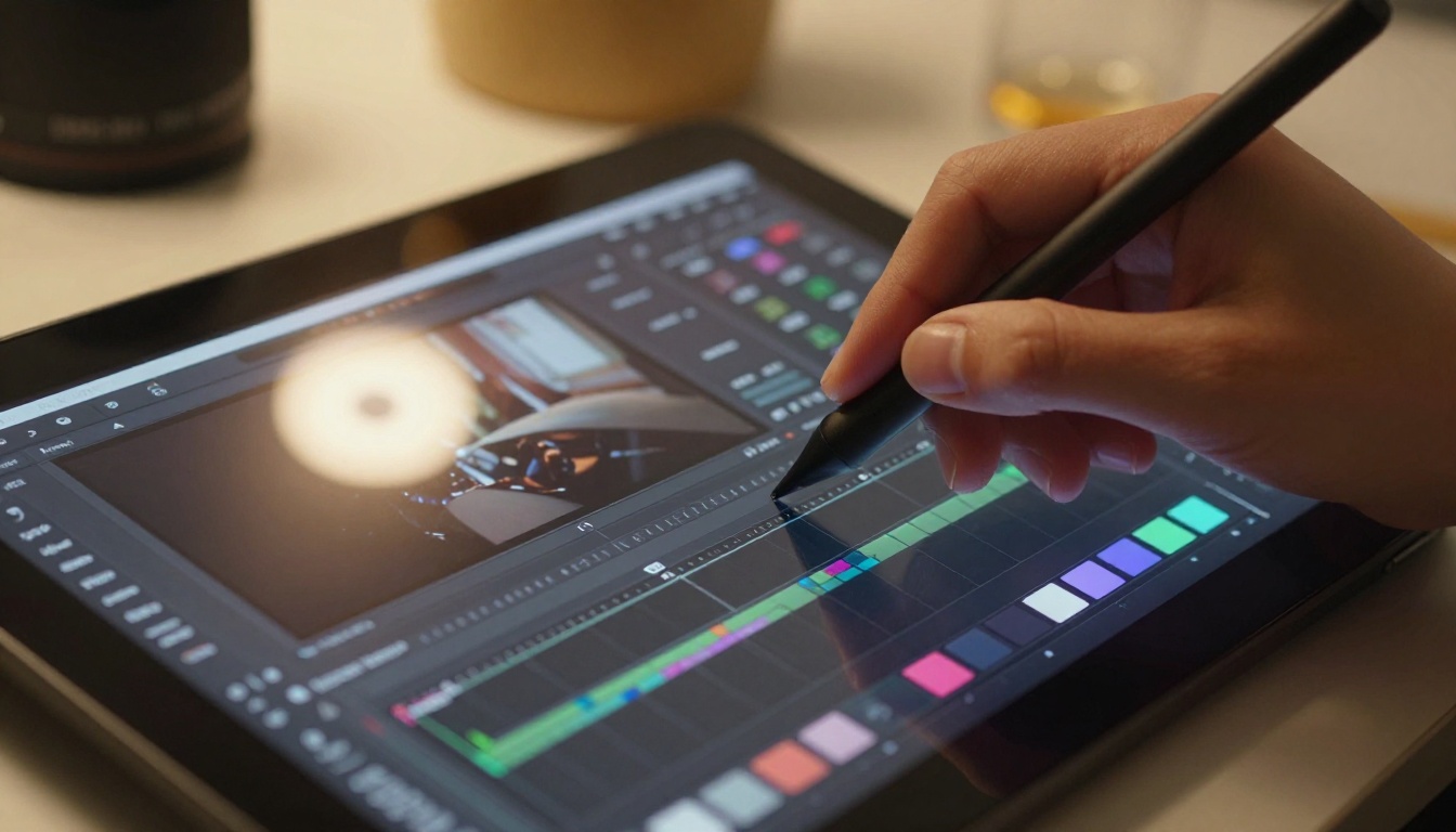 Close-up of stylus on drawing tablet showing video timeline with color grading panels Close-up of stylus on drawing tablet showing video timeline with color grading panels
