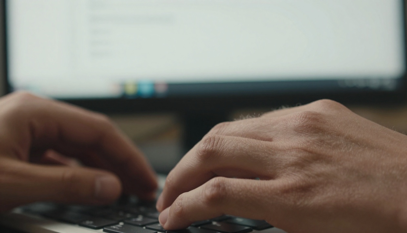 Close-up of two human hands on a keyboard, monitor in the background showing a clean text field with a few words