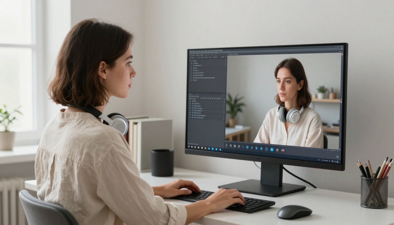 Woman with headphones reviewing split-screen AI video comparison on large monitor