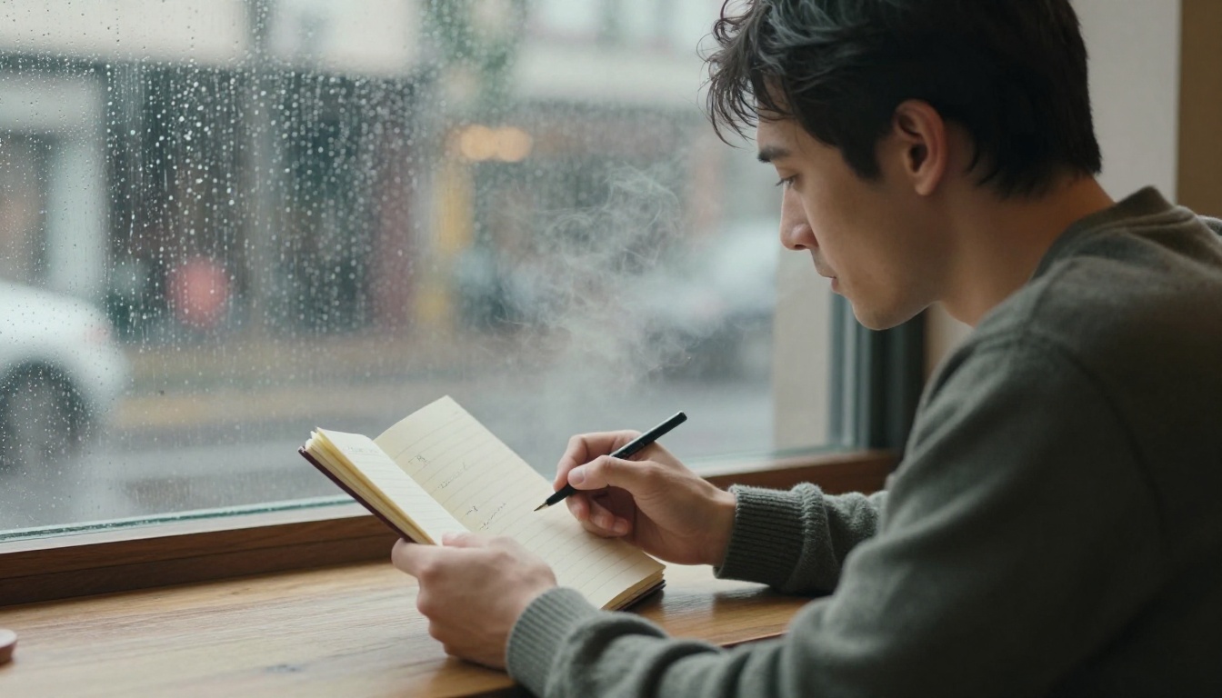 Man sitting at a cafe by a rain-streaked window, holding a small notebook with a short list Man sitting at a cafe by a rain-streaked window, holding a small notebook with a short list