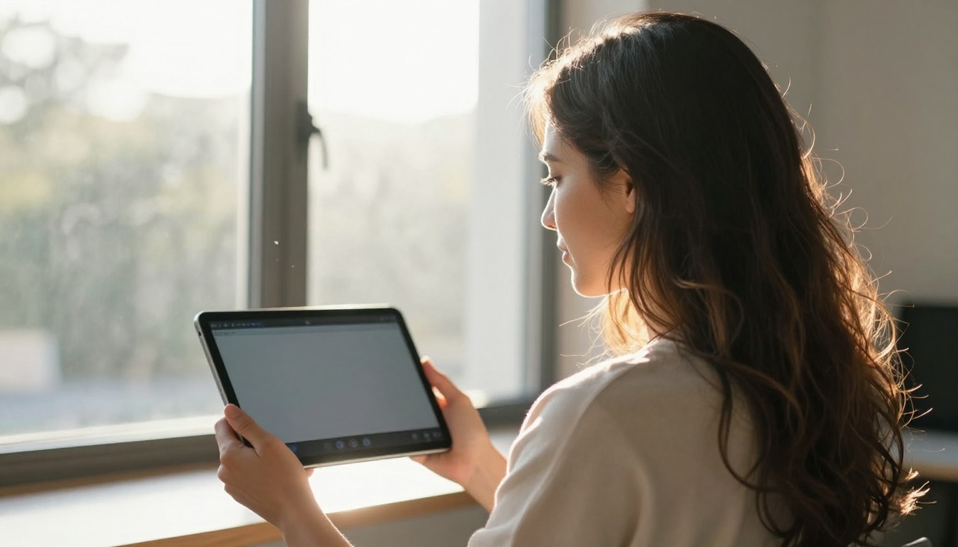 Confident woman holding tablet with crisp AI video result, backlit by afternoon window light Confident woman holding tablet with crisp AI video result, backlit by afternoon window light