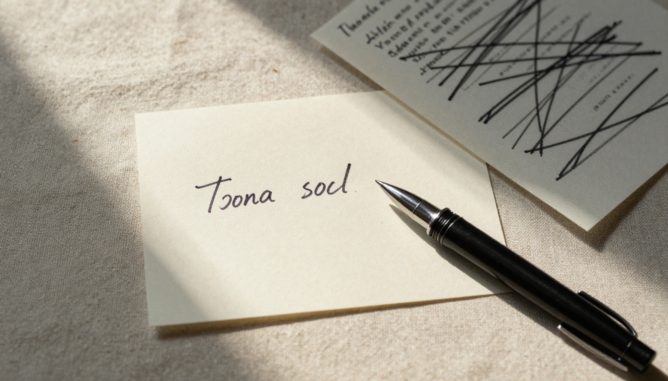 Aerial top-down close shot of a single index card with one clean sentence vs. a card covered in chaotic crossed-out text Aerial top-down close shot of a single index card with one clean sentence vs. a card covered in chaotic crossed-out text
