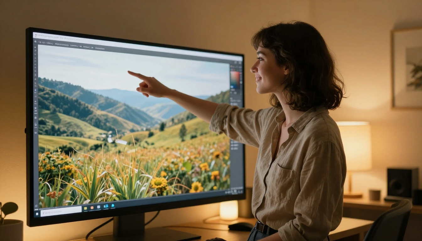 Young woman designer pointing at a monitor showing a beautifully generated AI landscape image Young woman designer pointing at a monitor showing a beautifully generated AI landscape image