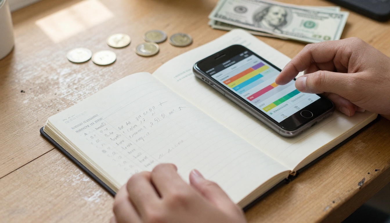 Budget planning notebook with cost calculations next to a smartphone showing pricing charts