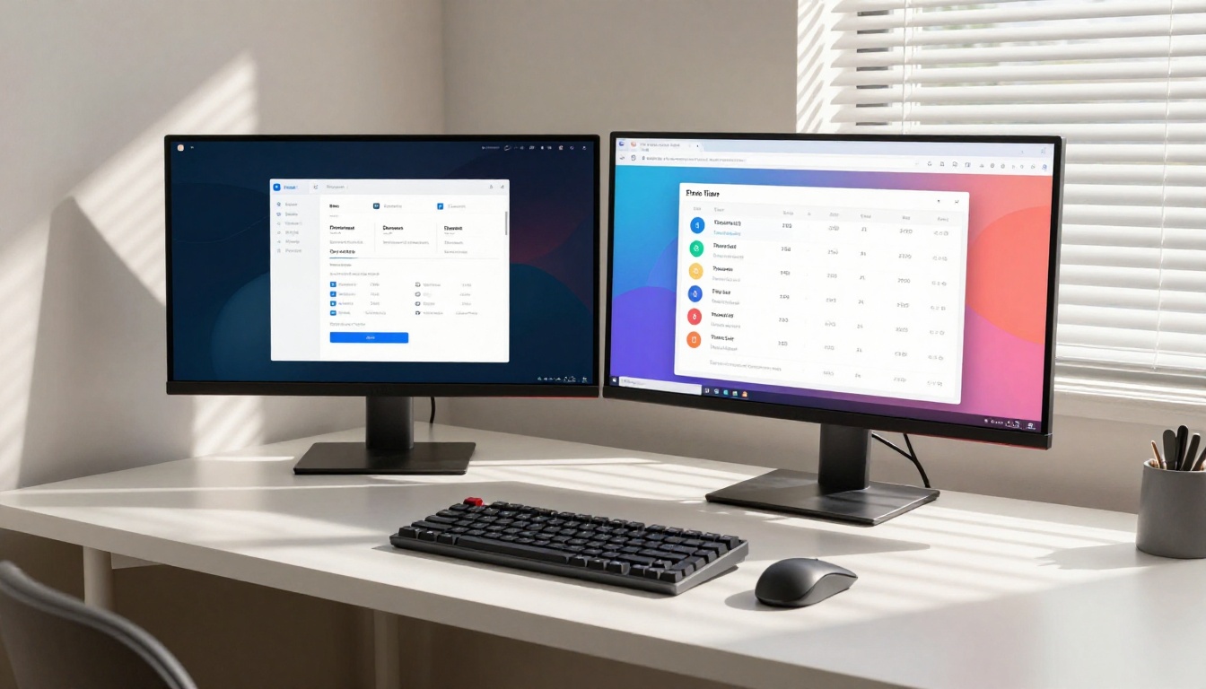 Low-angle view of a home workspace with dual monitors showing AI tool dashboards and pricing comparisons