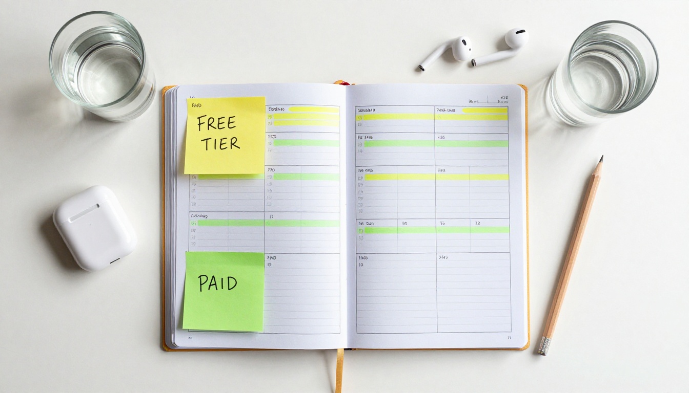 Overhead flat-lay of a budget planner with sticky notes labeled FREE TIER and PAID alongside a pencil and water glass