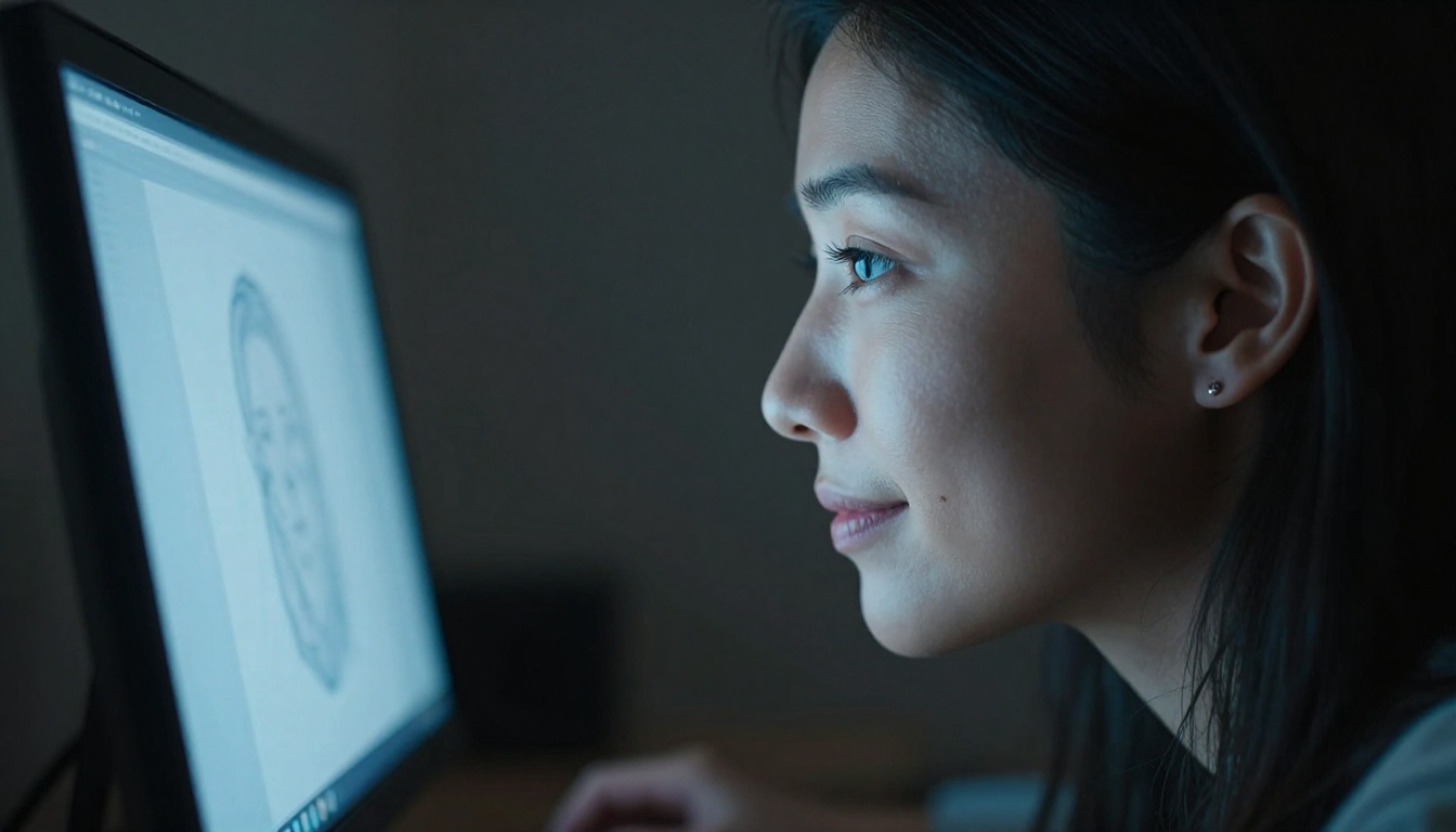 Close-up side profile of a woman's face lit by monitor glow as she studies AI-generated artwork